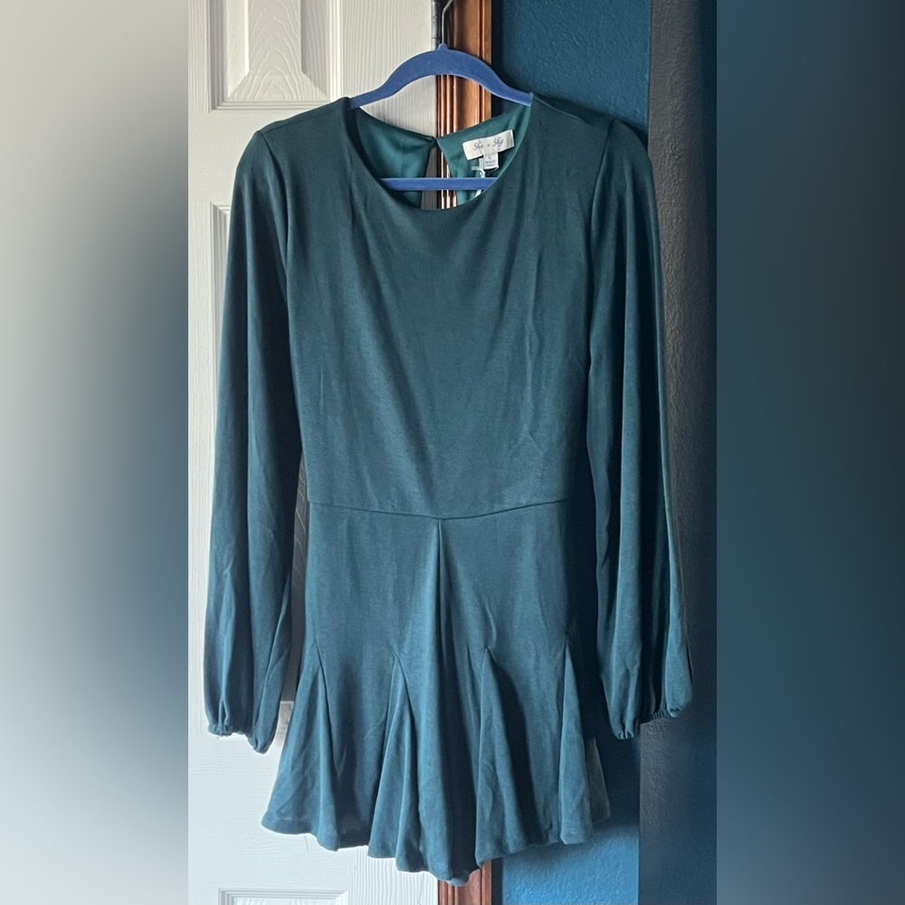 She + Sky Forest Green/Dark Blue Long Sleeve Romper - Size L